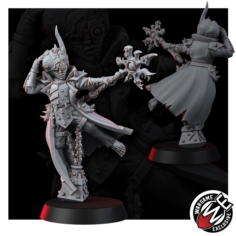 May include: A gray resin miniature figure of a character wearing a long coat with spiked shoulder pads, holding a star-shaped weapon. The figure has a mechanical eye piece, a textured head, and stands on a black circular base. Wargame Exclusive logo.