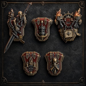 May include: A set of five miniature decorative shields featuring dark red and metallic bronze finishes. The designs include skeletal figures, chains, flames, and gothic architectural motifs, all arranged in a collection on a dark background.