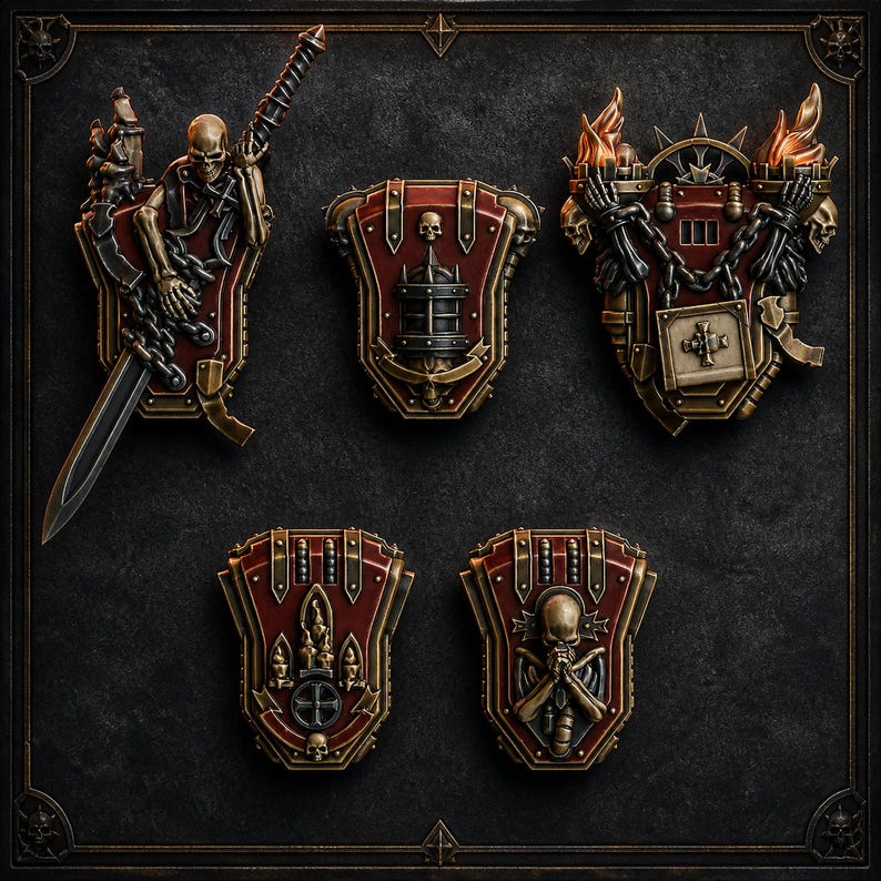 May include: A set of five miniature decorative shields featuring dark red and metallic bronze finishes. The designs include skeletal figures, chains, flames, and gothic architectural motifs, all arranged in a collection on a dark background.