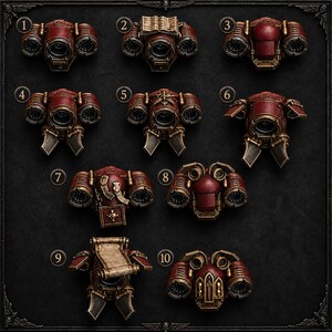 Pode incluir: Uma cole&ccedil;&atilde;o de dez componentes de propulsores em miniatura nas cores vermelho escuro e bronze, dispostos em uma grade e numerados de um a dez. Cada pe&ccedil;a apresenta detalhes mec&acirc;nicos complexos, incluindo propulsores, aberturas e elementos decorativos.