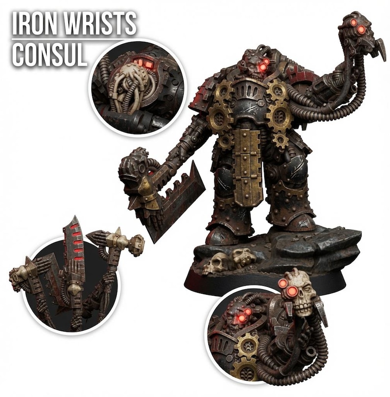 May include: A miniature figure titled IRON WRISTS CONSUL, featuring a metallic armored warrior with gear details, a large blade, and glowing red eyes. The figure includes mechanical cables, a skull-like head attachment, and a rocky base.