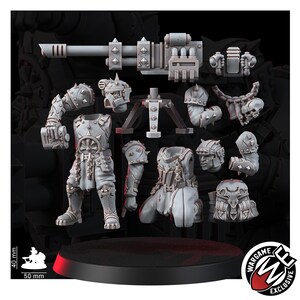 May include: A set of unpainted grey resin miniature parts including two torso pieces, two helmeted heads, multiple spiked arms, a heavy multi-barreled weapon, a tripod mount, and a skull-adorned shoulder piece, with a 40 mm by 50 mm scale reference.