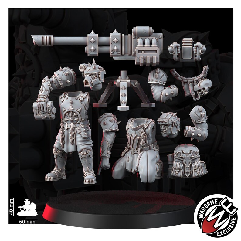 May include: A set of unpainted grey resin miniature parts including two torso pieces, two helmeted heads, multiple spiked arms, a heavy multi-barreled weapon, a tripod mount, and a skull-adorned shoulder piece, with a 40 mm by 50 mm scale reference.