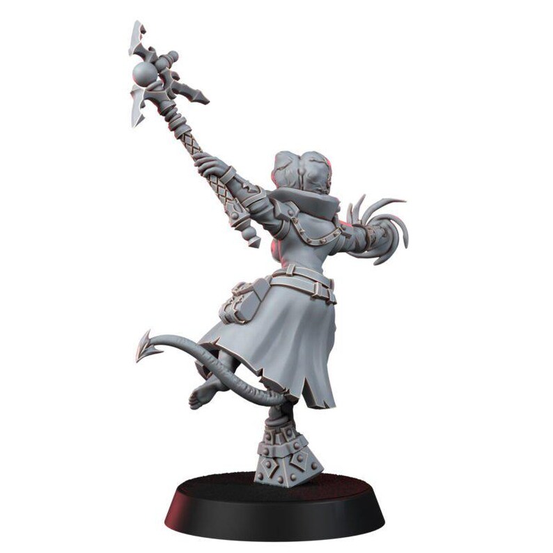 May include: A gray unpainted miniature figurine of a character wearing a long coat, holding a staff with a spherical top in one hand and a swirling energy effect in the other. The figure has a tail and stands on a square base.
