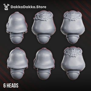 May include: Six grey miniature helmet heads arranged in two rows. The top row features a plain helmet, a helmet with a crown of thorns, and another with a crown of thorns. The bottom row shows two plain helmets and one with a crown of thorns.