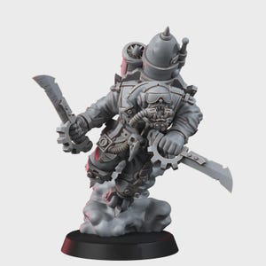 May include: A gray unpainted miniature figure of a warrior wearing a flight helmet with goggles and a breathing apparatus. The figure features a large jetpack on the back, holds a serrated blade in each hand, and stands on a cloud-like base.