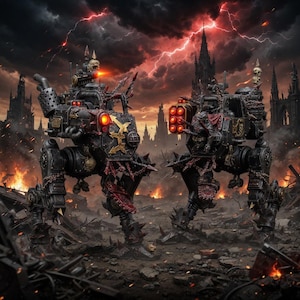 May include: Two dark, mechanical bipedal walkers with spiked armor, chains, and glowing red weapon systems. Each machine features skull motifs and heavy plating, standing amidst a ruined landscape with a stormy, lightning-filled sky above.