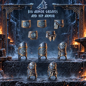 May include: A collection of metallic armor pieces labeled BIG ARMOR GREAVES AND HIP ARMOR. The set includes various greaves and hip plates featuring intricate engraved patterns, chains, and small hanging charms in a dark, weathered steel finish.