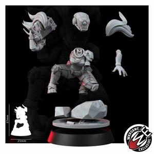 Peut inclure: Un kit de figurine en r&eacute;sine grise repr&eacute;sentant un soldat futuriste dans une pose accroupie dynamique. L'ensemble comprend un torse, un casque, un bras s&eacute;par&eacute;, une arme et une pi&egrave;ce de cheveux, sur une base circulaire avec des d&eacute;bris rocheux. Une &eacute;chelle de 37mm par 25mm est indiqu&eacute;e.