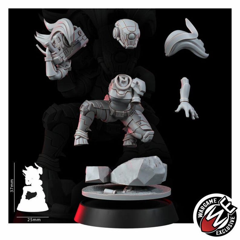 Peut inclure: Un kit de figurine en r&eacute;sine grise repr&eacute;sentant un soldat futuriste dans une pose accroupie dynamique. L'ensemble comprend un torse, un casque, un bras s&eacute;par&eacute;, une arme et une pi&egrave;ce de cheveux, sur une base circulaire avec des d&eacute;bris rocheux. Une &eacute;chelle de 37mm par 25mm est indiqu&eacute;e.