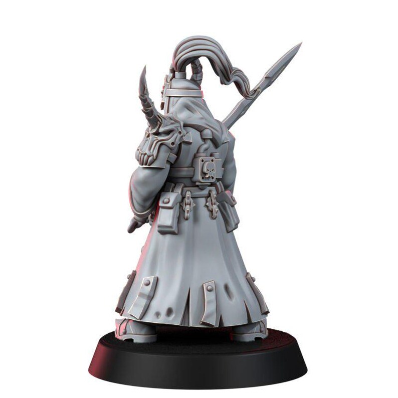 May include: A gray unpainted miniature figurine of a warrior wearing a long coat, a skull-adorned shoulder pauldron, and a helmet with a high ponytail. The figure carries a long spear on its back and stands on a circular black base.