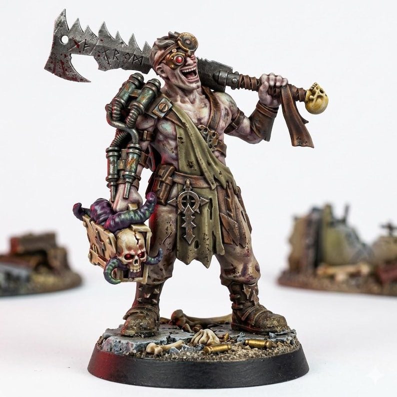 Puede incluir: Una figura en miniatura de un guerrero p&aacute;lido y musculoso con una amplia sonrisa, que lleva gafas protectoras y un taparrabos verde oliva desgarrado. La figura lleva un hacha de metal dentada sobre el hombro y sostiene una caja adornada con calaveras.