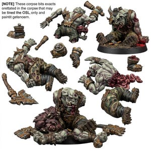 Op de afbeelding: Een verzameling geschilderde miniatuur ork-figuren in verschillende staten van verminking en verval, met een bleekgroene huid, camouflagebroeken en metalen pantseraccenten. De set bevat afgehakte ledematen, torso's en wapens, met de tekst linksboven: [NOTE] These corpse bits exacts orettated in the corpse that may be tined the OSL, only and paintit getenoem.