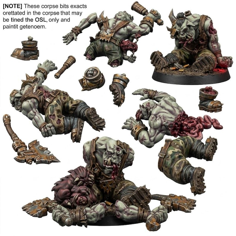 Op de afbeelding: Een verzameling geschilderde miniatuur ork-figuren in verschillende staten van verminking en verval, met een bleekgroene huid, camouflagebroeken en metalen pantseraccenten. De set bevat afgehakte ledematen, torso's en wapens, met de tekst linksboven: [NOTE] These corpse bits exacts orettated in the corpse that may be tined the OSL, only and paintit getenoem.