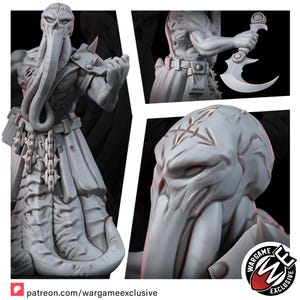 May include: A grey resin miniature figure featuring a cephalopod-like head with tentacles, a muscular torso, and a long robe adorned with spiked chains. The figure holds a curved blade in one hand and displays detailed facial features and armor.