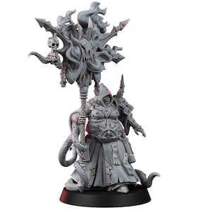 May include: A gray unpainted miniature figure of a hooded character with a large belly, wearing armor and a long robe. The figure holds a tall staff topped with a large, ornate, flame-like structure featuring a skull and sharp, pointed elements.