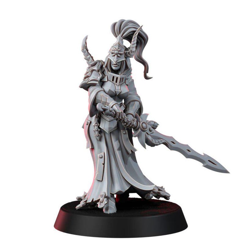 May include: A gray miniature figurine of a warrior wearing ornate plate armor and a helmet with a high ponytail. The figure holds a long, jagged sword with both hands and stands on a circular black base, featuring detailed armor plating.