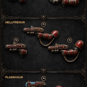 May include: A collection of miniature weapon components labeled FLAMERGUN, HELLFIREGUN, and PLASMAGUN. Each category displays three variations labeled 1a, 1b, and 1c, featuring red armored arms, metallic gun barrels, and distinct glowing details.