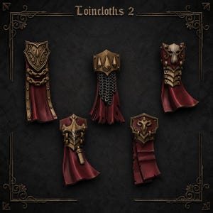 Op de afbeelding: Vijf miniatuur lendendoeken met de tekst Loincloths 2 bovenaan. Elk stuk heeft een dieprood stoffen gedeelte bevestigd aan sierlijke metallic gouden pantserplaten met diverse gebeeldhouwde details, waaronder kettingen, schedels en geometrische patronen.