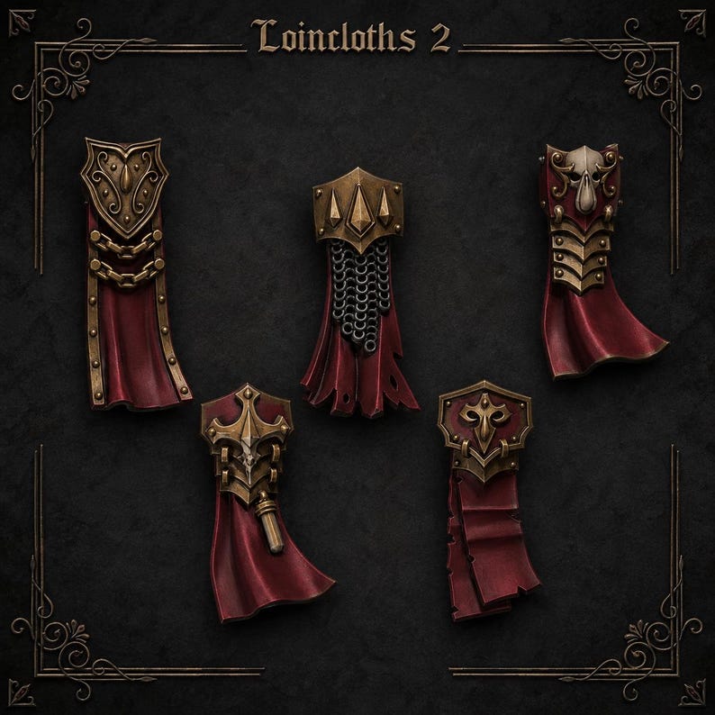 Op de afbeelding: Vijf miniatuur lendendoeken met de tekst Loincloths 2 bovenaan. Elk stuk heeft een dieprood stoffen gedeelte bevestigd aan sierlijke metallic gouden pantserplaten met diverse gebeeldhouwde details, waaronder kettingen, schedels en geometrische patronen.