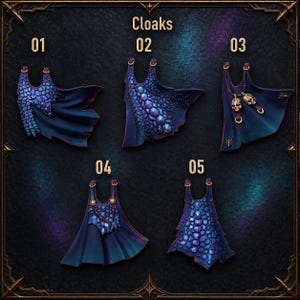 May include: Five miniature cloaks labelled 01 to 05, featuring dark blue and purple iridescent tones. Cloaks 01, 02, and 05 have textured scale patterns. Cloak 03 features two hanging skull charms. Cloak 04 displays a beaded collar detail.