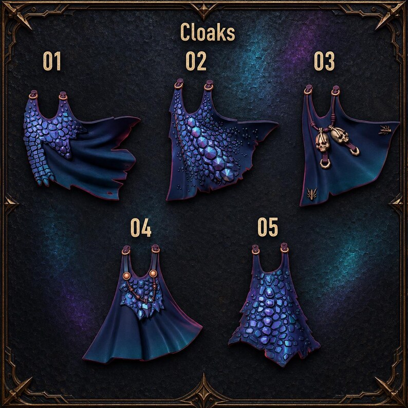 May include: Five miniature cloaks labelled 01 to 05, featuring dark blue and purple iridescent tones. Cloaks 01, 02, and 05 have textured scale patterns. Cloak 03 features two hanging skull charms. Cloak 04 displays a beaded collar detail.