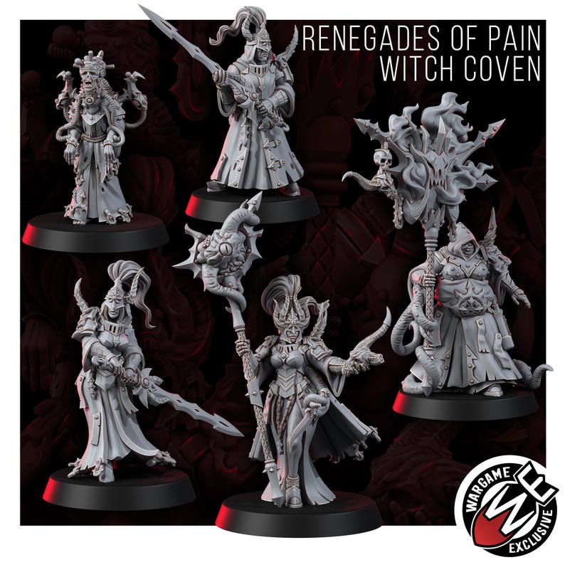 May include: A set of five grey miniature figures titled RENEGADES OF PAIN WITCH COVEN. The figures include armored warriors with swords, a robed figure with a staff, and a large hooded character holding a banner with a skull motif.