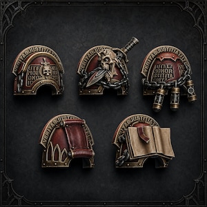 May include: Five miniature shoulder pads in dark red and bronze with metallic chains. Each piece features the Latin text VERITAS JUSTITIA along the curved top edge. Details include a skull, a dagger, hanging canisters, a scroll, and an open book.