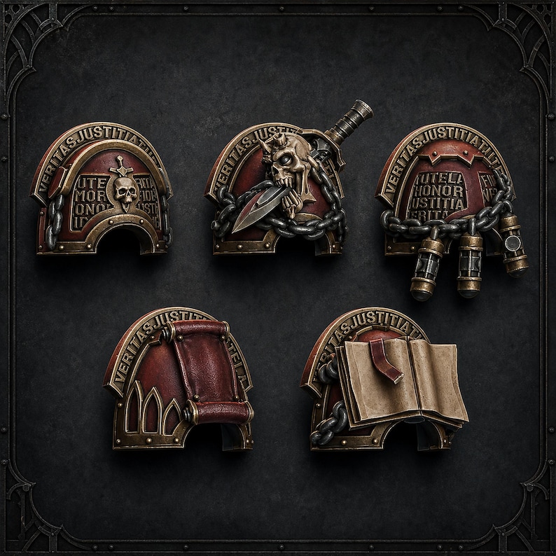 May include: Five miniature shoulder pads in dark red and bronze with metallic chains. Each piece features the Latin text VERITAS JUSTITIA along the curved top edge. Details include a skull, a dagger, hanging canisters, a scroll, and an open book.