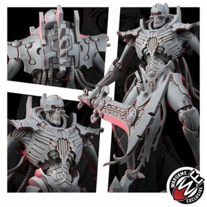K&ouml;nnte beinhalten: Eine graue Harz-Miniaturfigur eines skelettartigen Roboter-Kriegers mit totenkopfartigem Kopf, gerippter Brustplatte und freiliegenden mechanischen Kabeln. Die Figur h&auml;lt eine gro&szlig;e, verzierte Klinge und weist detaillierte Paneele und R&uuml;stungselemente auf.