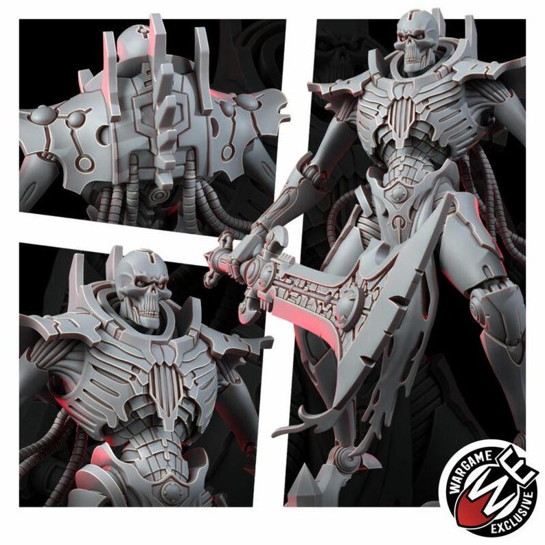 K&ouml;nnte beinhalten: Eine graue Harz-Miniaturfigur eines skelettartigen Roboter-Kriegers mit totenkopfartigem Kopf, gerippter Brustplatte und freiliegenden mechanischen Kabeln. Die Figur h&auml;lt eine gro&szlig;e, verzierte Klinge und weist detaillierte Paneele und R&uuml;stungselemente auf.