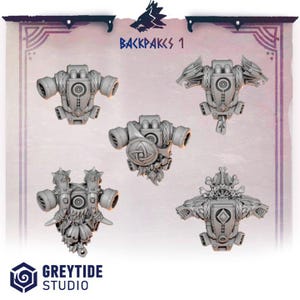 May include: A set of five grey resin miniature backpacks labeled BACKPAKS 1. Each piece features distinct sculpted details including wolf heads, braided patterns, circular vents, and geometric emblems. The collection is presented by Greytide Studio.