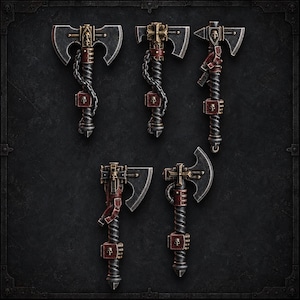 May include: Five miniature fantasy axes featuring metallic grey blades, twisted dark grey handles, and red accents. Each weapon is adorned with small skull motifs, metallic chains, and cross-shaped details, presented in a set of five distinct designs.