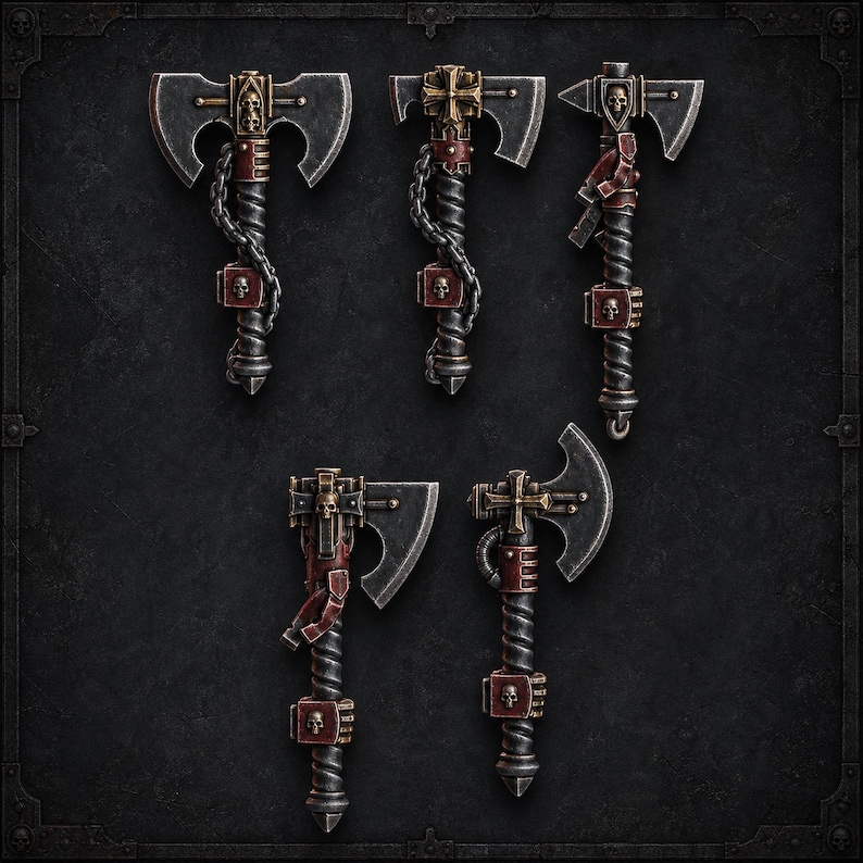 May include: Five miniature fantasy axes featuring metallic grey blades, twisted dark grey handles, and red accents. Each weapon is adorned with small skull motifs, metallic chains, and cross-shaped details, presented in a set of five distinct designs.