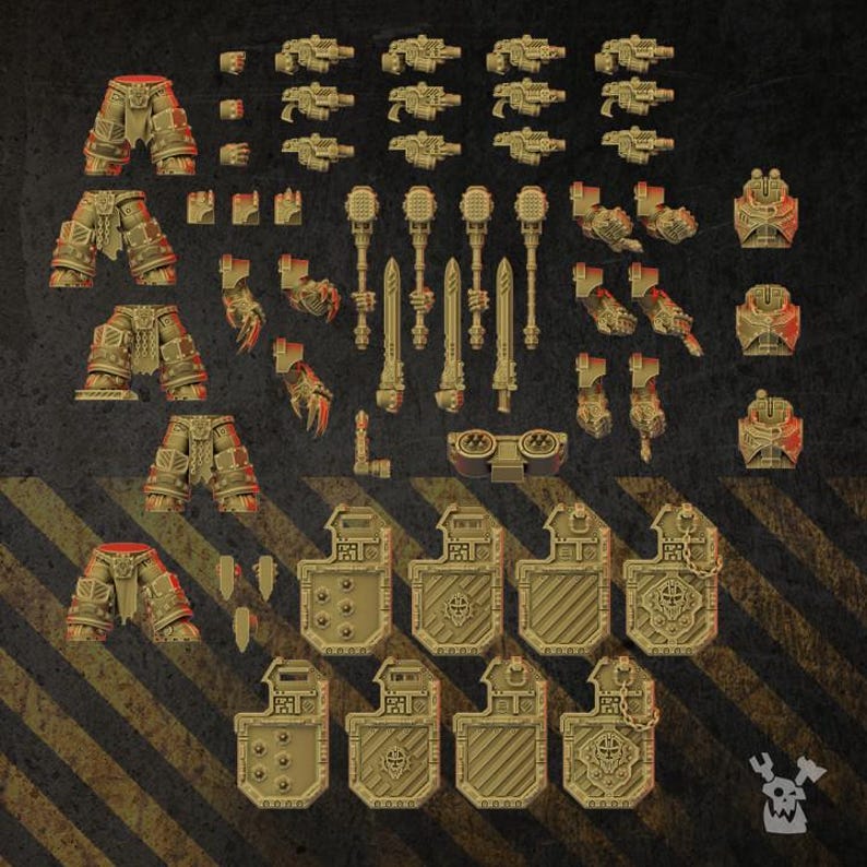 May include: A collection of unpainted tan plastic miniature model parts including four sets of armored legs, various weapon arms, power hammers, swords, torso pieces, and eight distinct rectangular shields with embossed geometric and skull designs.