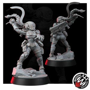 Peut inclure: Une figurine en r&eacute;sine grise repr&eacute;sentant un soldat futuriste portant un casque avec une longue tresse, une armure tactique et des sacoches. Le personnage est pos&eacute; dynamiquement sur un socle rocheux, tenant un objet sph&eacute;rique et un fusil.