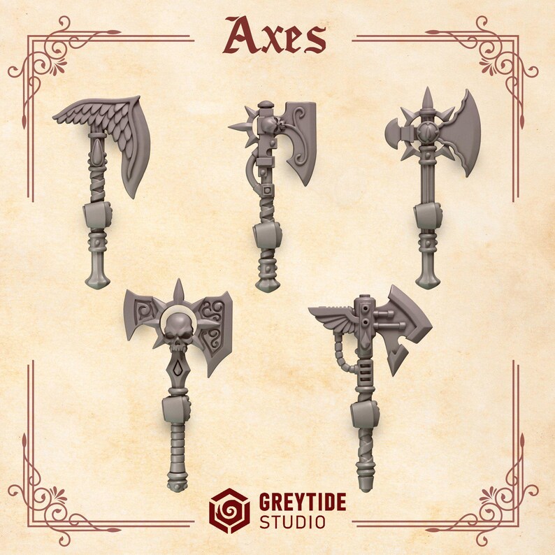 K&ouml;nnte beinhalten: Eine Sammlung von f&uuml;nf grauen Miniatur&auml;xten mit der Aufschrift Axes und Greytide Studio. Jede Axt hat ein einzigartiges Design, darunter gefl&uuml;gelte Klingen, Totenkopfmotive und mechanische Details an detaillierten Griffen mit Handst&uuml;cken.