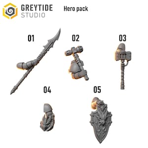 Peut inclure: Un pack Hero de GreyTide Studio comprenant cinq composants miniatures gris num&eacute;rot&eacute;s de 01 &agrave; 05. L'ensemble inclut une lance, un marteau, une masse lourde, un gantelet et un bouclier avec un motif de dragon pour figurines de jeu.
