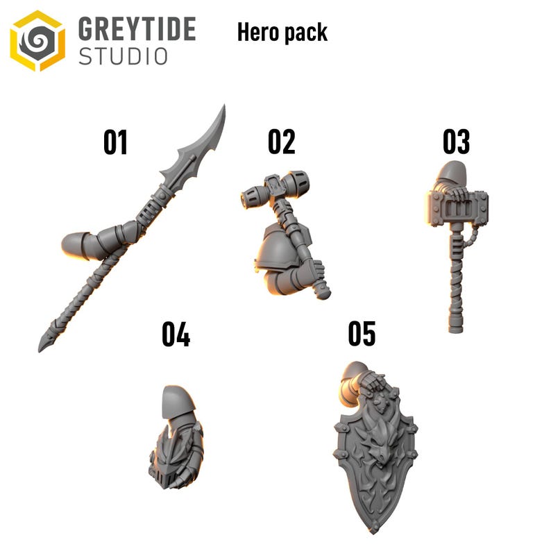 Peut inclure: Un pack Hero de GreyTide Studio comprenant cinq composants miniatures gris num&eacute;rot&eacute;s de 01 &agrave; 05. L'ensemble inclut une lance, un marteau, une masse lourde, un gantelet et un bouclier avec un motif de dragon pour figurines de jeu.
