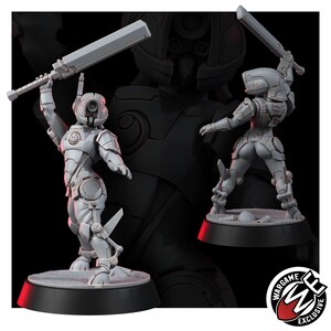 May include: A gray miniature figurine of a futuristic armored warrior standing on a circular base. The figure wears a helmet with a circular visor and holds a large rectangular blade overhead. A logo with the text Wargame Exclusive is visible.