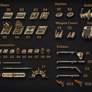 May include: A collection of miniature plastic vehicle upgrade parts including doors, hatches, a bulldozer blade, weapon covers, exhaust pipes, and various accessories. Each component is painted in a cream and dark blue colour scheme with gold details and numbered labels for identification.