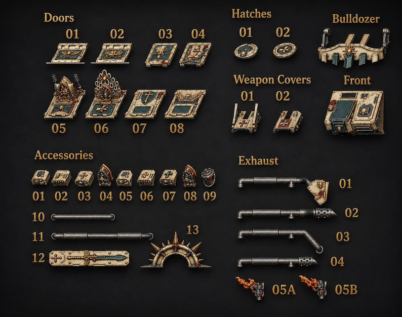 May include: A collection of miniature plastic vehicle upgrade parts including doors, hatches, a bulldozer blade, weapon covers, exhaust pipes, and various accessories. Each component is painted in a cream and dark blue colour scheme with gold details and numbered labels for identification.