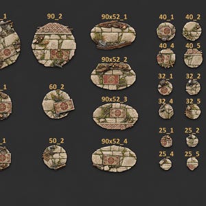 May include: A collection of miniature gaming bases in various circular and oval shapes, featuring a stone floor texture with debris and red patterned tiles. Each base is labeled with text identifiers like 90_1, 90x52_1, 60_1, 50_1, 40_1, 32_1, and 25_1.
