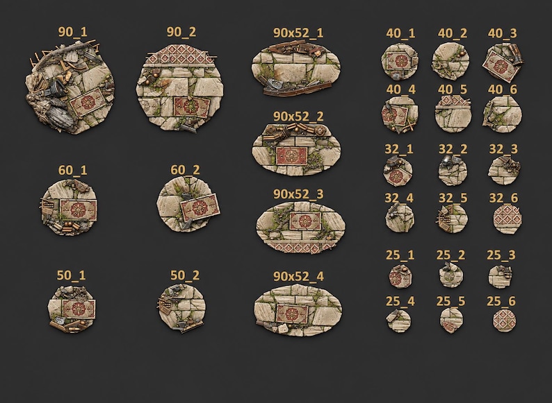 May include: A collection of miniature gaming bases in various circular and oval shapes, featuring a stone floor texture with debris and red patterned tiles. Each base is labeled with text identifiers like 90_1, 90x52_1, 60_1, 50_1, 40_1, 32_1, and 25_1.
