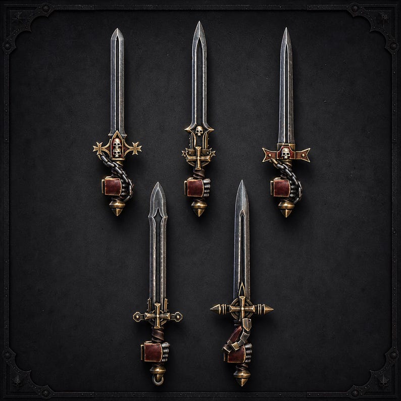 Puede incluir: Cinco dagas decorativas dispuestas en grupo, cada una con una hoja de plata met&aacute;lica y una empu&ntilde;adura en tonos bronce. Las empu&ntilde;aduras est&aacute;n adornadas con intrincados motivos de calaveras, s&iacute;mbolos de cruz y detalles rectangulares en rojo oscuro.