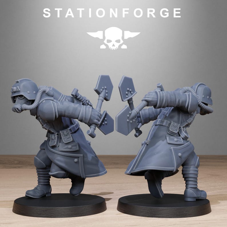 GrimGuard Shovel Fighters | Station Forge 16k Resin Miniatyrer | 28 mm 32 mm Bordsskiva Krigsspel | Omålad bild 5