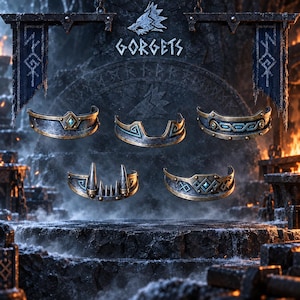 May include: Five metallic gorgets with weathered finishes and intricate engravings, including one with spikes and others with blue accents. The display features the text GORGETS above the items, flanked by two dark blue banners with runic symbols.