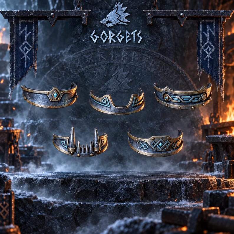 May include: Five metallic gorgets with weathered finishes and intricate engravings, including one with spikes and others with blue accents. The display features the text GORGETS above the items, flanked by two dark blue banners with runic symbols.