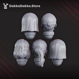 May include: Five grey miniature heads with distinct hairstyles, including smooth bobs, a top knot, wavy hair, and a ponytail. Each head features a neck joint for attachment. The text DakkaDakka.Store is visible in the upper left corner of the image.