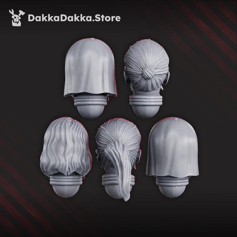 May include: Five grey miniature heads with distinct hairstyles, including smooth bobs, a top knot, wavy hair, and a ponytail. Each head features a neck joint for attachment. The text DakkaDakka.Store is visible in the upper left corner of the image.